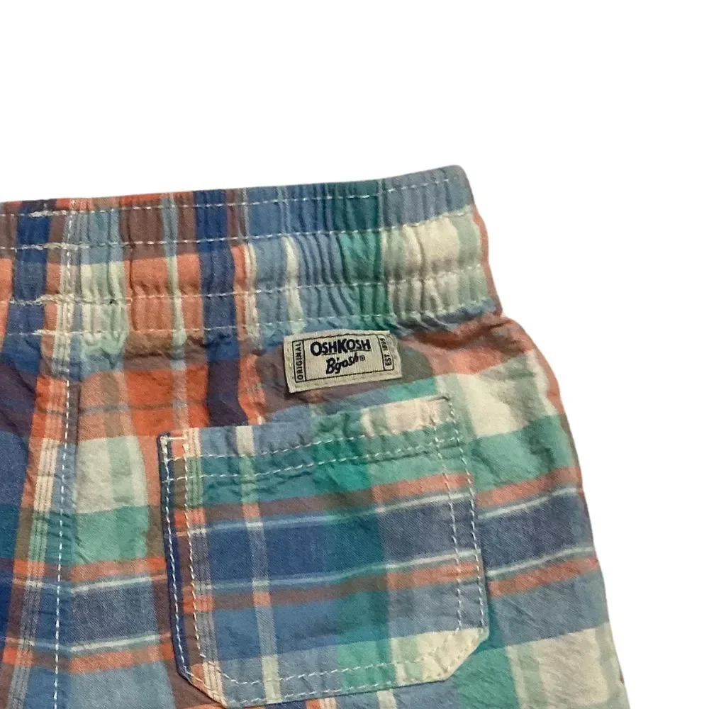 OshKosh B'Gosh Boy's Plaid Shorts Size 3T Drawstring Pockets Cotton Blue/Orange